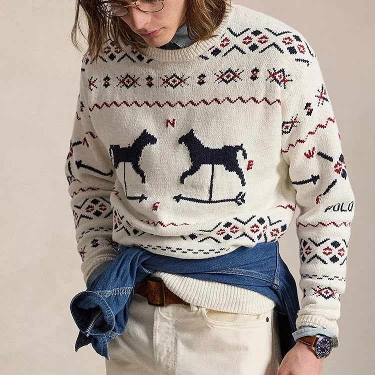 Striped Rib-Knit Cuffs Long Sleeves Crew Neck 100% Cotton Men's Winter Pullover Sweater