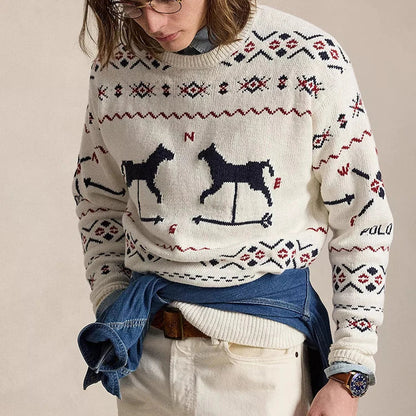 Striped Rib-Knit Cuffs Long Sleeves Crew Neck 100% Cotton Men's Winter Pullover Sweater