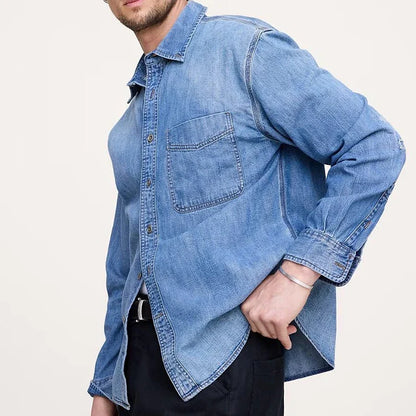 Eco-Friendly Lycra Blend Turn-Down Collar Full Sleeve Embroidered Denim Shirt with Front Pocket Regular Fit Formal Casual Style