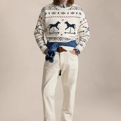 Striped Rib-Knit Cuffs Long Sleeves Crew Neck 100% Cotton Men's Winter Pullover Sweater